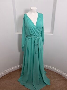 Pinkblush Long Sleeve Sash-Tie Chiffon Maxi Dress Sage Green Cocktail Size 3XL